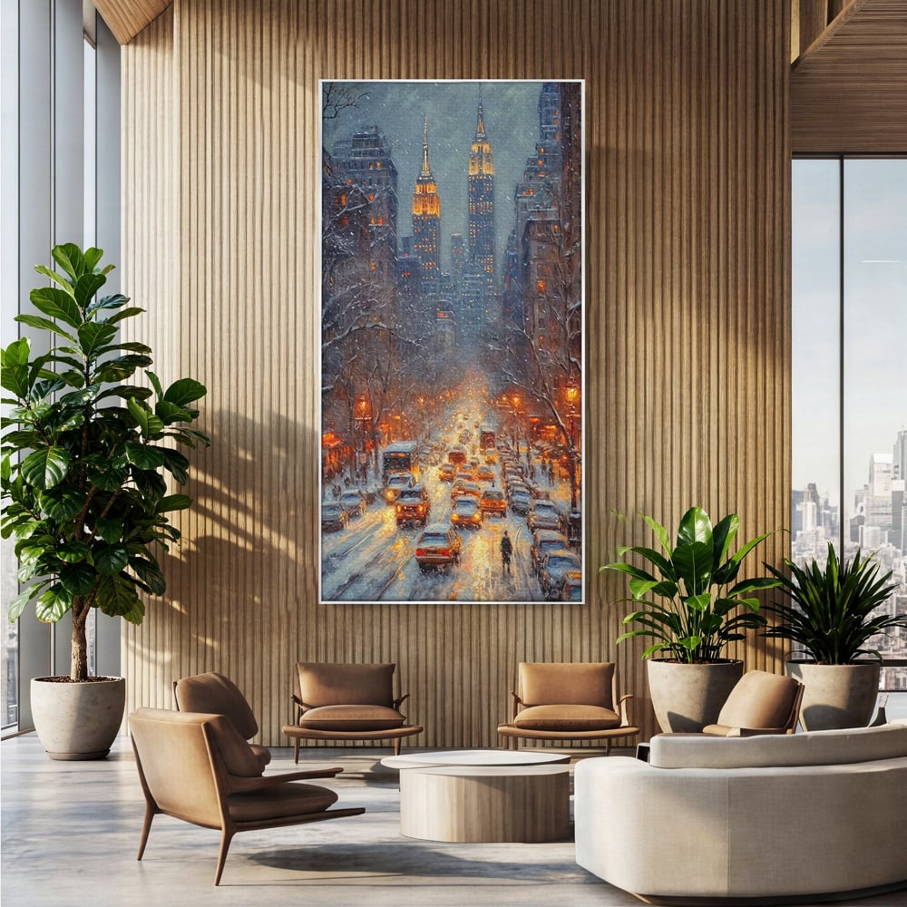 Tablou canvas cu pictura cu bulevard inzapezit si masini, in rama de aluminiu argintiu, pe perete intr-un birou